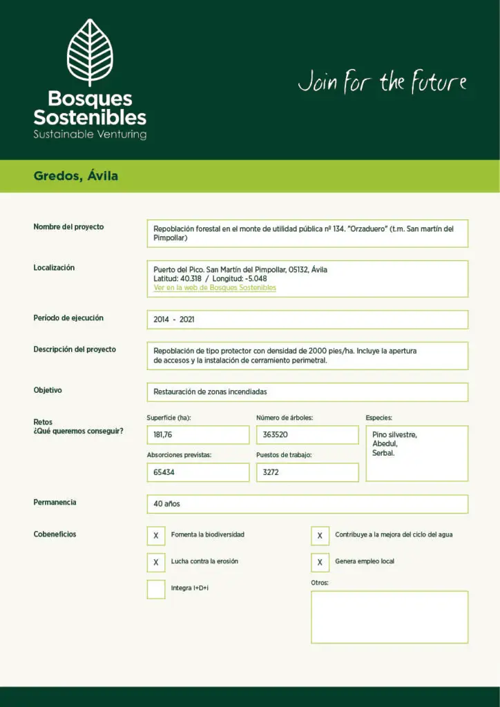 Ejemplo de la ficha descargable App Web BS: Información pública de un proyecto de carbono verificable.